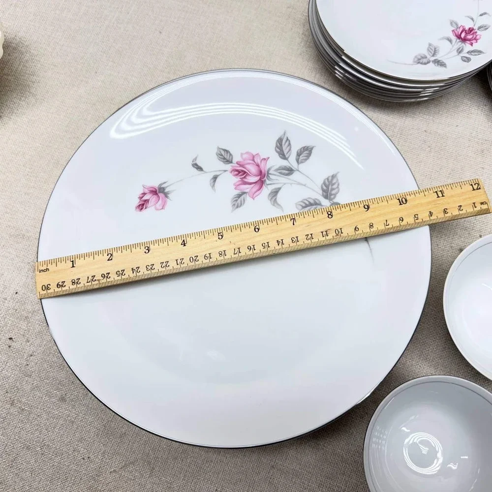 Lennold Fine China Enchanted Rose 1583 Japan Dinnerware Set Pink Floral Silver